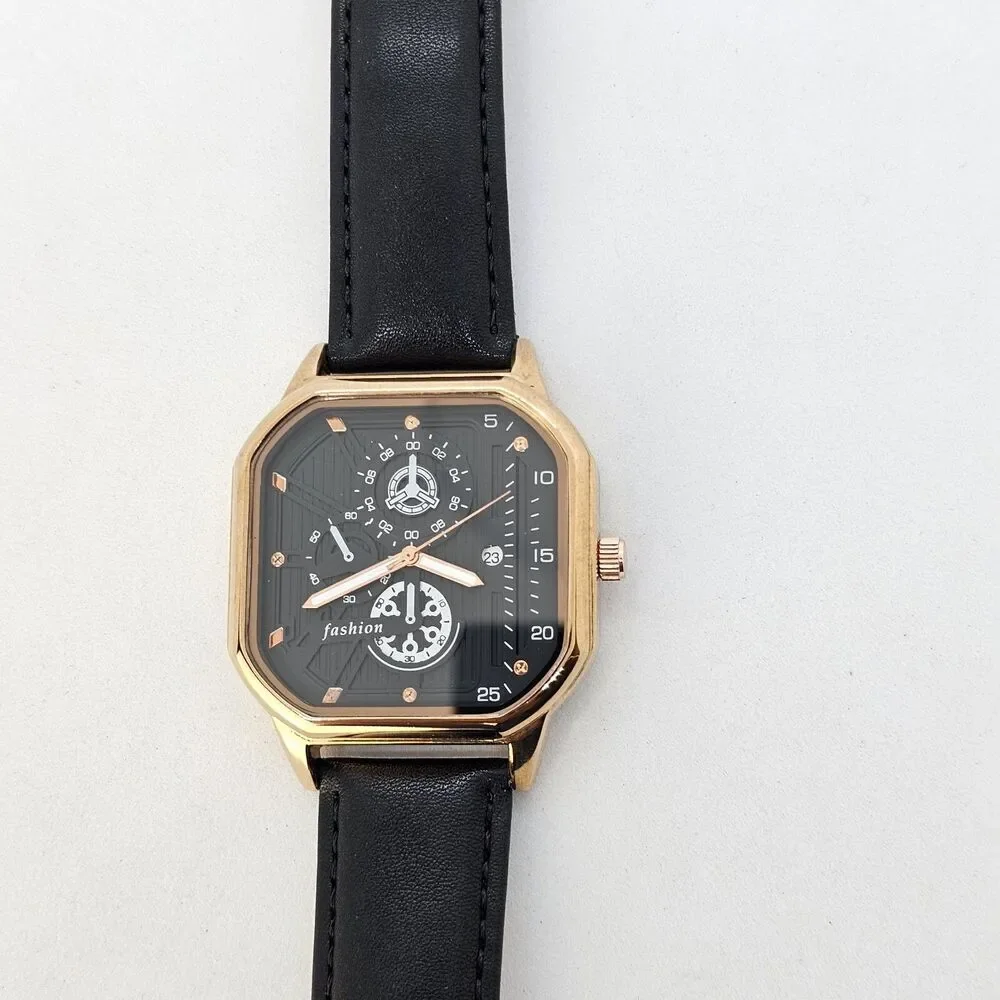 Men's Watch 42MM Black Dial‎ Gold Case Black Leather Band Straps Date Indicator